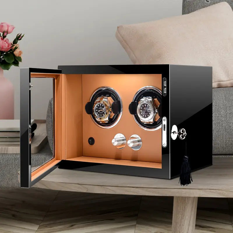 2 Unit Watch Winder Box With Lock - Black/Brown