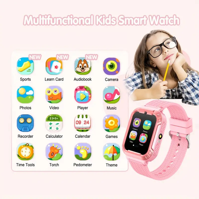 Kids Smartwatch with HD Touch Screen, Camera, Puzzle Games, Learning Card & More - Pink