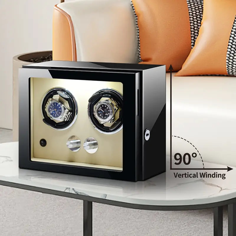 2 Unit Watch Winder Box With Lock - Black/Brown